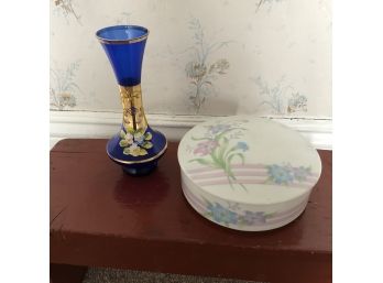Vintage Blue Glass Vase And Ceramic Dish With Lid