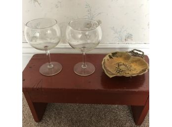 Two Glass Goblets And A Leaf Shaped Dish