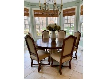 French Country Circular Pedastal Plank Table W 6 Dining Chairs