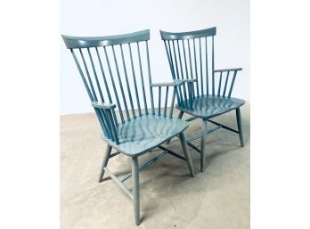 PR Of Ethan Allen Blue Slat Back Chairs