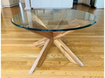 Modern Circular Glass Table W Walnut Finish Base