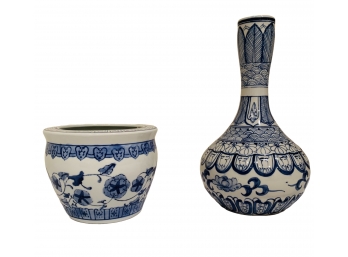 Asian Style Blue & White Motif Vase & Planter