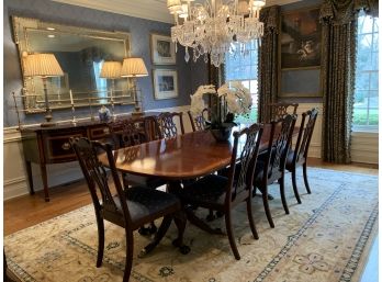 Ethan Allen Mahogany Dining Table W Inlay Border Detail & Double Pedastal Brass Claw Feet  & 8 Dining Chairs