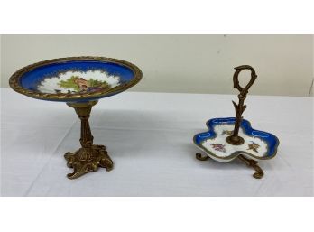 Two Vintage French Porcelain And Metal Dishes