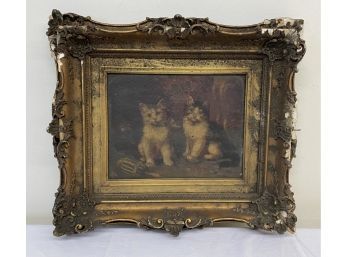 Antique Oil On Canvas Of Cats