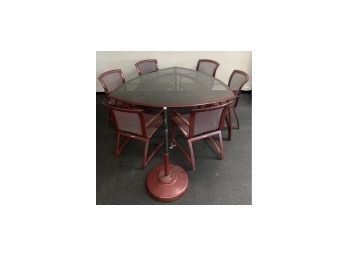 Brown Jordan Red Shield Table With Six Matching Chairs And Umbrella Stand