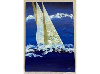 Print Process On Canvas  Of Sailboat Signed Vargas
