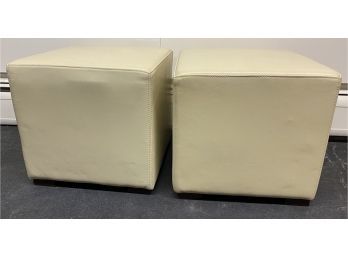 Pair Of Ivory Pleather Ottomans