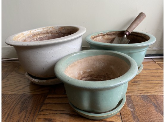 Three Thick Ceramic Planter Pots & Trowel