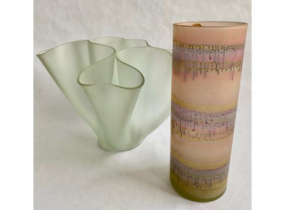 Hand Painted Al-Rama Glass Vase From Israel & Large Folded Glass Vase