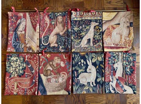 8 Panel Allan Waller Tapestry, Details Of Lady & The Unicorn  With Seal Of Authenticity & 1 Pole