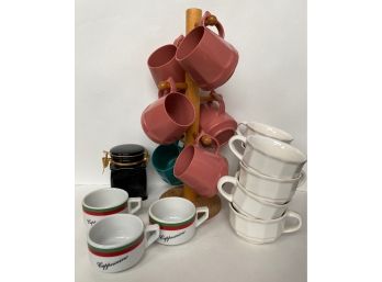 Vintage Dinex Plastic Mugs On Wood Stand, Cappuccino & Cordon Blue Mugs & Canister