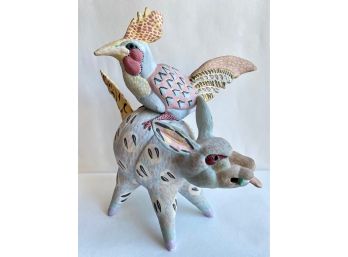 Mexican Ceramic Rabbit And Chicken Sculpture