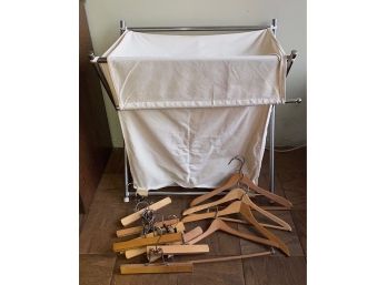 Hamper With Two Compartments & Over A Dozen Wood Hangers
