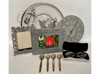 Platter, Picture Frames, Sun Clock, Tea Spoons & Vintage Glasses