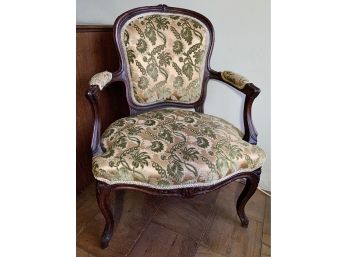 Vintage Upholstered Carved Wood Arm Chair