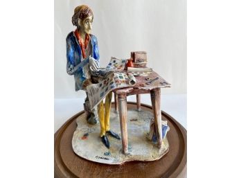 1960s Stamp Collector Ceramic Sculpture By Adriano Colombo, Italy In Glass Dome