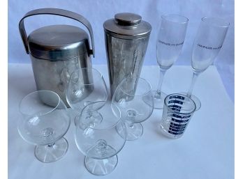 Vintage Stainless Steel Ice Bucket & Martini Shaker, Glassware & Barware