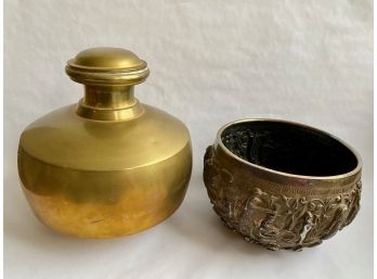 Large Golden Metal Urn By Wilma's New Orleans & Egyptian Motif Bowl