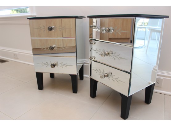 Pair Of Contemporary Glass Nightstands With Floral Designed Drawer