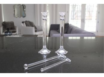 Two Glass Candle Sticks And Two Glass Stirrers