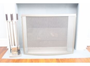 Seven Piece Metal Fireplace Set With Leather Handles And Modern Free Standing Protective Glass.