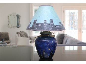 City Landscape Hand Painted Lamp Signed By 'Keyes'