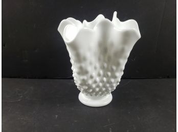 Fenton Vase White Milk Glass Crimped Ruffle Top Hobnail