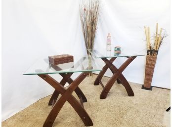 Pair Of Handsome Wood 'X' Cross Legged Glass Topped End Tables