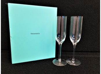 Two Tiffany & Company Crystal Champagne Flutes With Box
