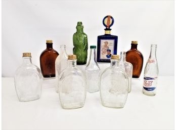 Assortment Of 11 Vintage Bottles: Log Cabin Syrup, Pepsi, JW Dant Whiskey