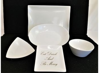 5 Contemporary White Porcelain Serving Platters And Bowls