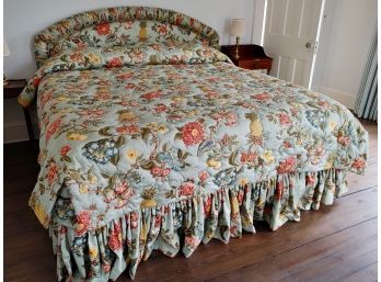 King Size Bed With Custom Floral Headboard & Bedding