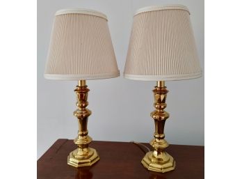Pair Polished Brass Candlestick Lamps With Shades