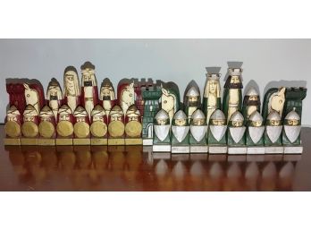 Carved And Painted Wood Chess Pieces