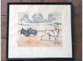 Boris O'Klein, French Colored Etching, 2 Dogs At A Fountain