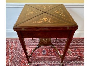 English Inlaid Game Table With Drawer & Folding Corners