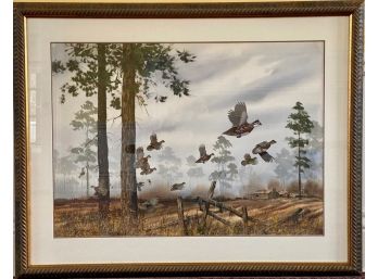 Woodland Watercolor With Grouse On Farm, Sgd. David Hagerbaumer