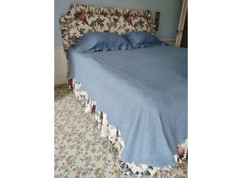 King Bed With Floral Upholstered Headboard & Bed Linens