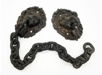 A Large Antique Cast Iron Lion's Head Gate And Chain