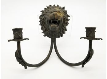 A Large Antique Bronze Lion's Head Motif Candle Sconce