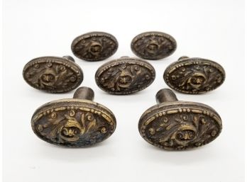 Antique Cast Bronze Oblong Doorknobs With Scroll Cast Details