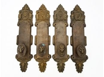 A Set Of 4 Antique Bronze Lion's Head Doorknobs And Backplates 2/5