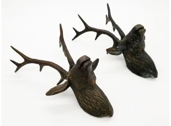 A Pair Of Antique Brass Stag's Head Wall Mounts