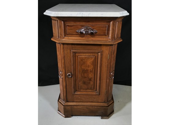 Gorgeous Antique Eastlake Victorian Side Table - Night Stand With Marble Top & Carved Drawer Pull - C.1880