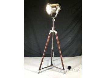 Fabulous Hollywood Or Theater Style Lamp On Wooden Tripod Base - Nice Brushed Metal Finish