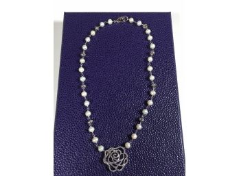 Very Pretty Freshwater Pearl & Silver Necklace - With Floral Pendant With Swarovski Crystals
