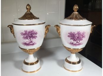 Lovely Pair Of Italian Lidded Porcelain Urns By MARY RYAN - All Hand Painted & Gilded  Made In Italy