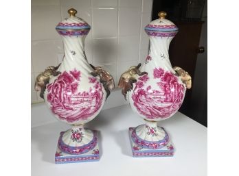 Stunning Pair Of Vintage PORCELAINE DE PARIS Lidded Urns With Rams Heads ALL HAND PAINTED - Fantastic Pair