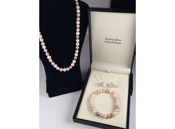 Wonderful Three Piece Suite Of Multicolor Freshwater Pearls In Gift Box - Necklace, Bracelet & Earrings NICE